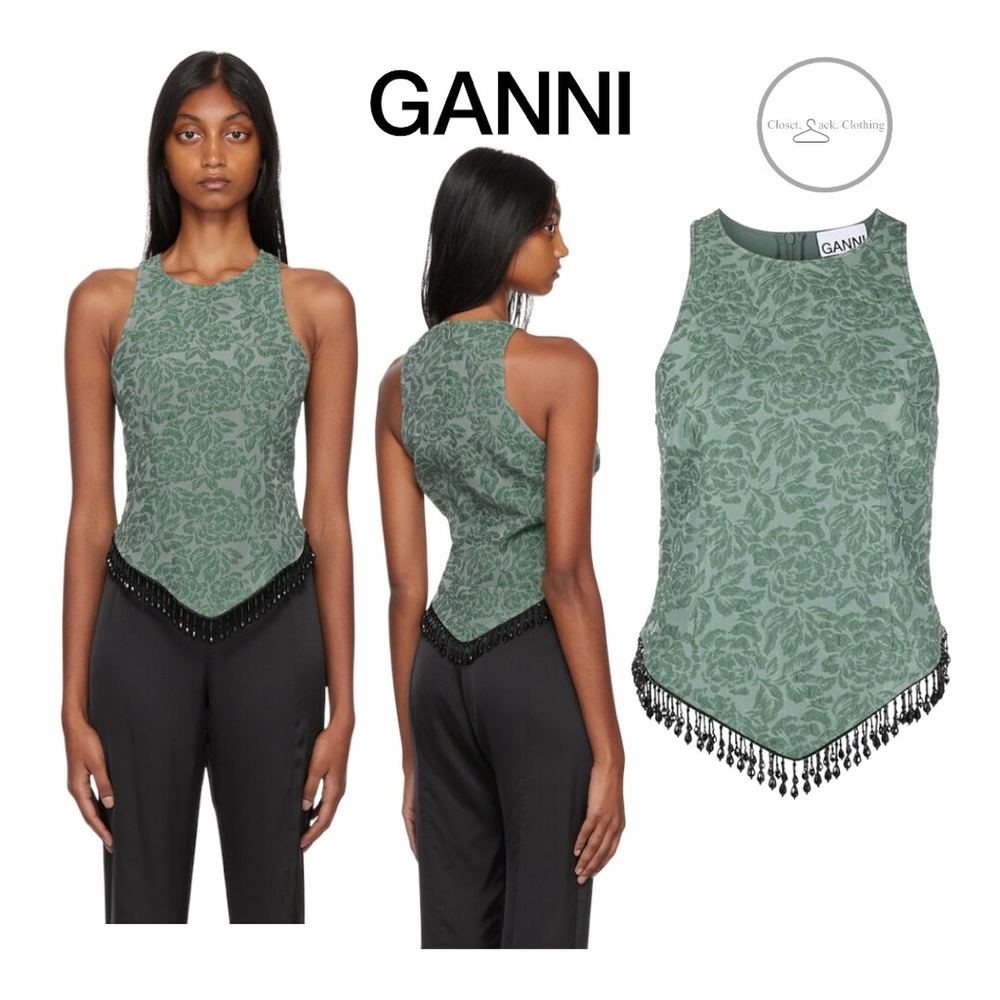 Ganni Green Floral Jacquard Beaded Fringe Sleeveless Top Size 32